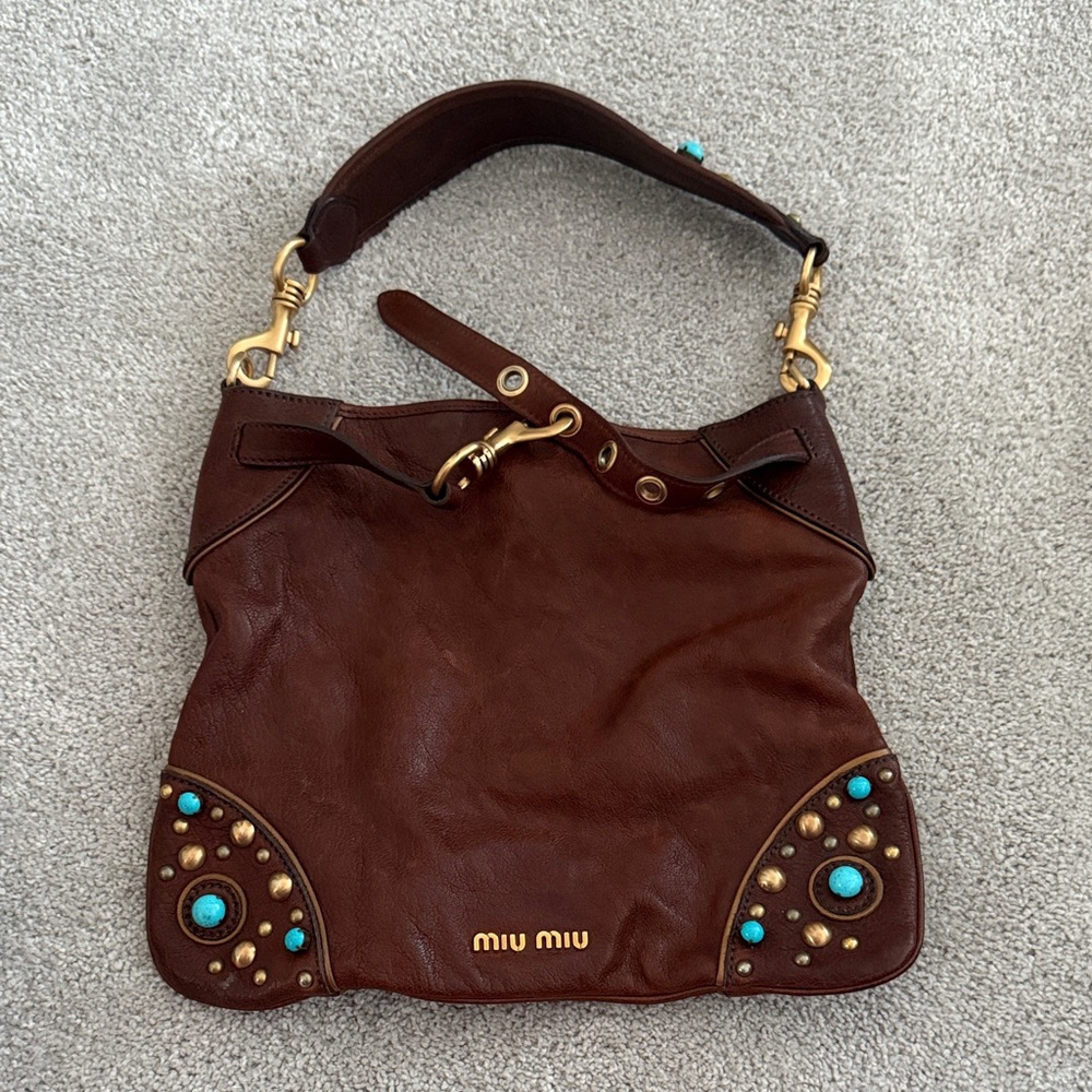 Miu Miu Dark Brown Shoulder Bag with Gold and Turquoise Accents